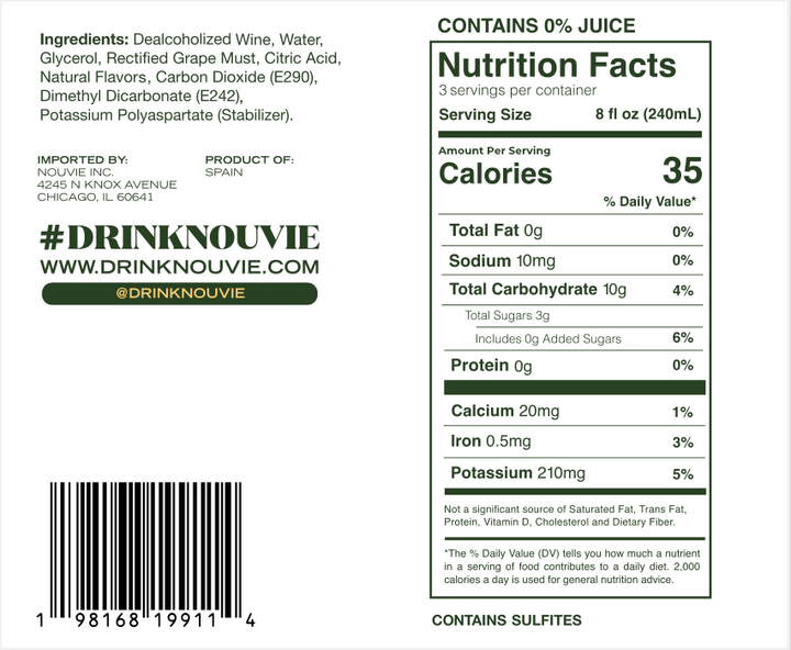 Sparkling De-Alcoholized Spanish White Wine 750ml Bottle